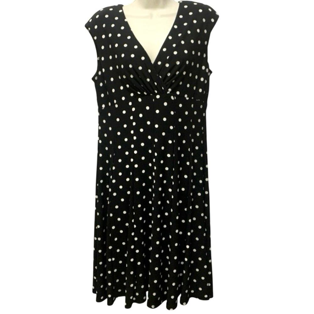 Lauren Ralph Lauren Black Polka Dot Dress Size 12 A-Line Fit Flare Knee Length